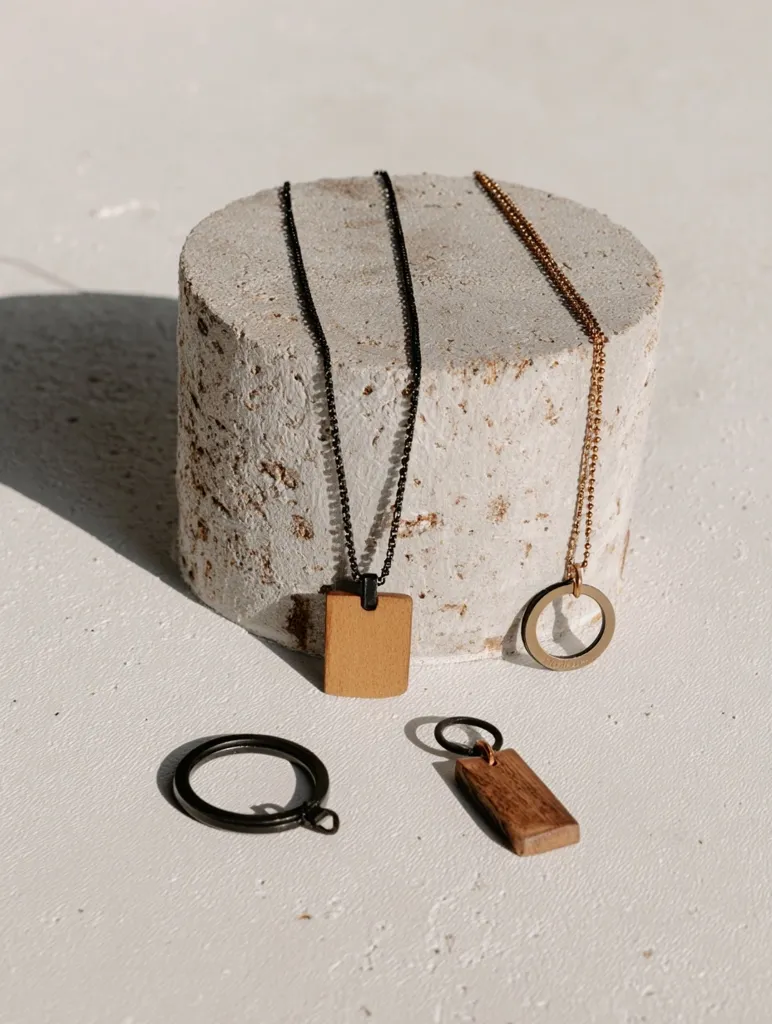 Three necklaces with wooden pendants rest on a textured stone cylinder.  One necklace features a rectangular pendant on a black chain, another a circular pendant on a gold chain, and a separate wooden rectangular pendant hangs from a small black ring.  The scene is minimalist and features soft lighting against a white background.