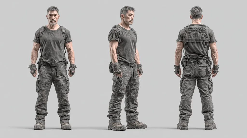A muscular, middle-aged Asian man is shown in three-quarter views. He wears a dark gray, worn t-shirt, cargo pants, tactical gloves, and boots.  He carries a backpack and a utility belt. The man's stance is firm, and his expression is serious. The background is a neutral gray.
