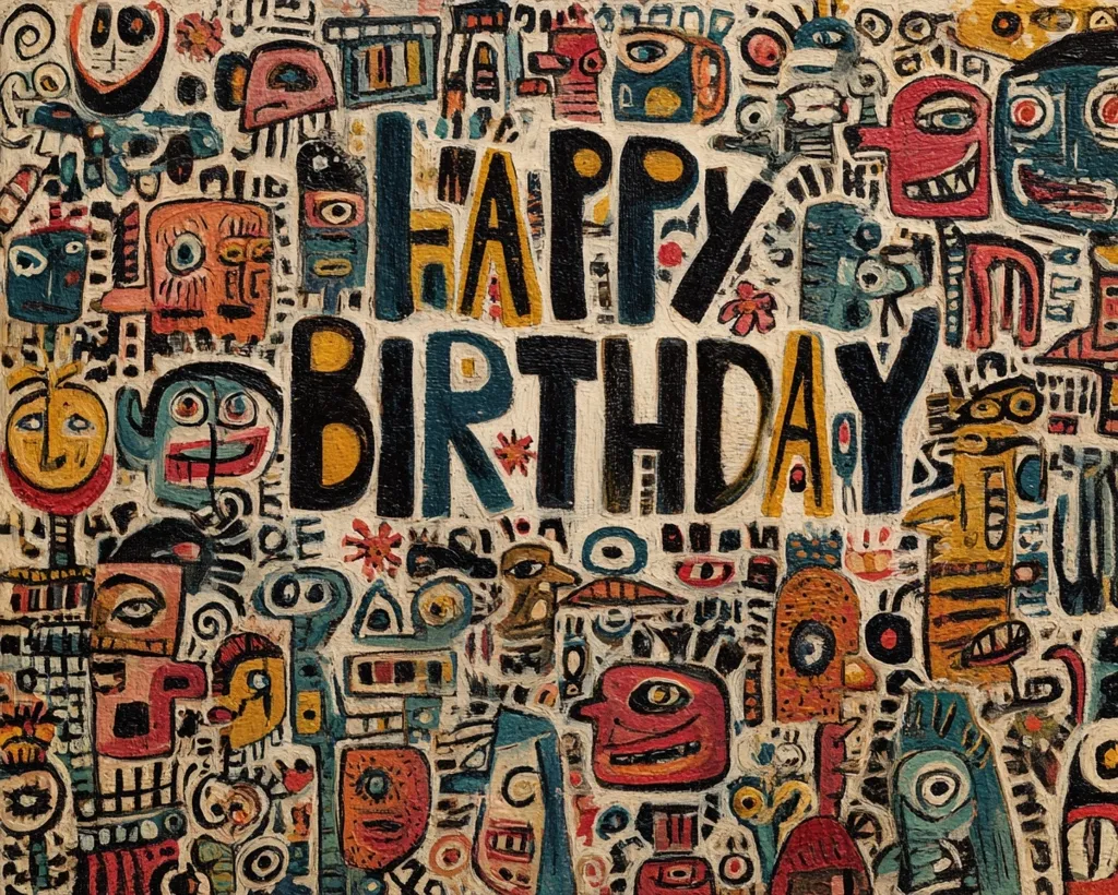 A vibrant, whimsical birthday card features the words "Happy Birthday" boldly displayed against a backdrop teeming with quirky, colorful characters and abstract shapes.  The style is reminiscent of naive art or childlike drawings, with expressive faces and bold outlines creating a lively, celebratory scene.  The overall effect is energetic and playful.