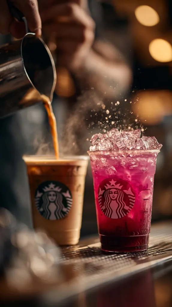 A barista pours coffee into a Starbucks iced coffee cup.  Next to it sits a vibrant purple iced beverage, also in a Starbucks cup, filled with ice.  Both drinks are prominently displaying the Starbucks logo. The scene is dimly lit, emphasizing the rich colors of the drinks and the warm tones of the bar.