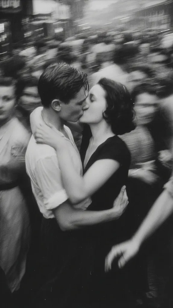 A black and white photograph captures a passionate kiss between a young couple amidst a blurred crowd.  The motion blur emphasizes the couple's intimacy, contrasting their stillness with the dynamic energy of the surrounding scene. The man wears a light-colored shirt, and the woman a dark dress.  Their embrace is tender yet intense, a moment of affection in a bustling environment.