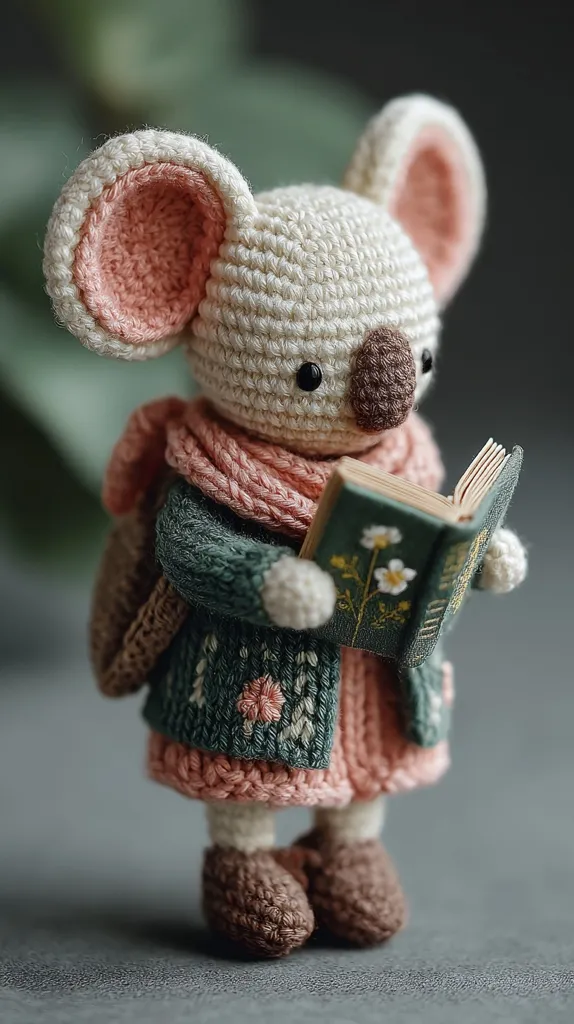 An adorable crocheted koala, wearing a teal cardigan, pink scarf, and brown boots, sits and reads a small, embroidered book.  The koala's soft features and the detailed stitching of its clothing and book create a charming and intricate amigurumi piece. The muted color palette adds to the overall peaceful and heartwarming aesthetic.