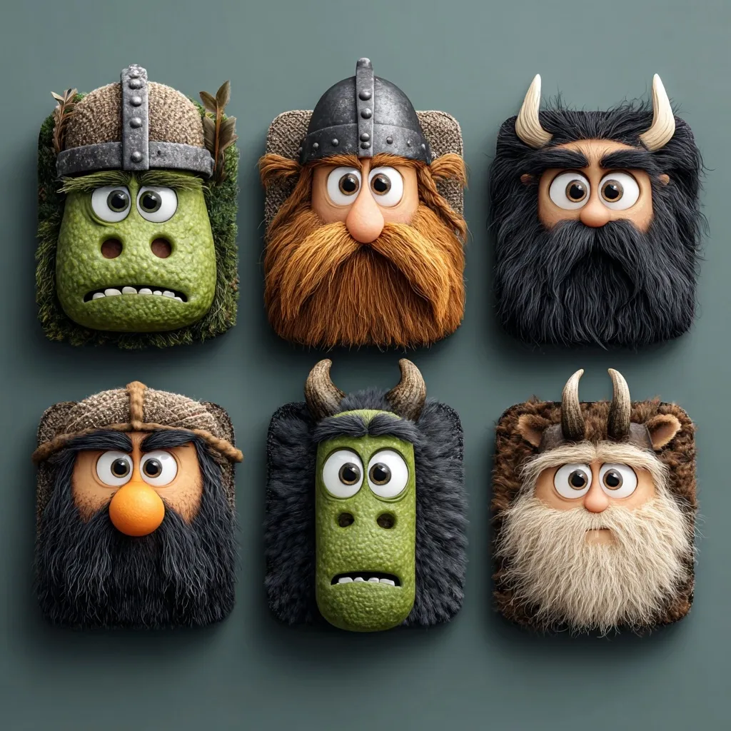 Six whimsical, square-shaped character portraits feature cartoonish creatures with exaggerated features.  They wear various headwear, including Viking helmets and horned headbands, showcasing textured fur and expressive faces. The characters display a range of emotions, from concerned to slightly grumpy, with large eyes and distinct personalities.  The background is a muted green-gray, enhancing the vibrancy of the characters.