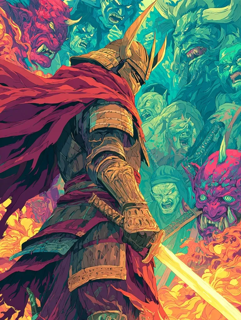 A samurai, clad in ornate golden armor and a flowing crimson cape, stands defiantly amidst a throng of grotesque, vibrant demons.  The scene is a chaotic blend of fiery oranges and cool teals, emphasizing the samurai's courage against a horde of monstrous foes.  His katana, a glowing gold, is drawn, ready to meet the demonic threat. The artwork's style is bold and dynamic, conveying intense action and mythical conflict.