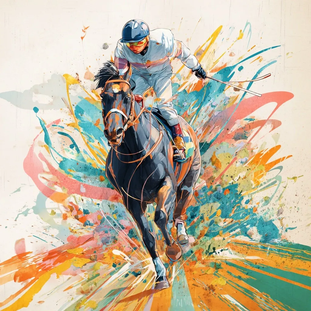 A dynamic watercolor-style painting depicts a jockey mounted on a dark-colored horse, mid-stride in a race. The horse is powerfully rendered, its muscles taut, showcasing speed and grace. The jockey, wearing a white racing suit and helmet, leans forward, whip in hand, concentrating intensely. The background explodes with vibrant, abstract splashes of color, creating a sense of motion and energy, capturing the thrill of the race.