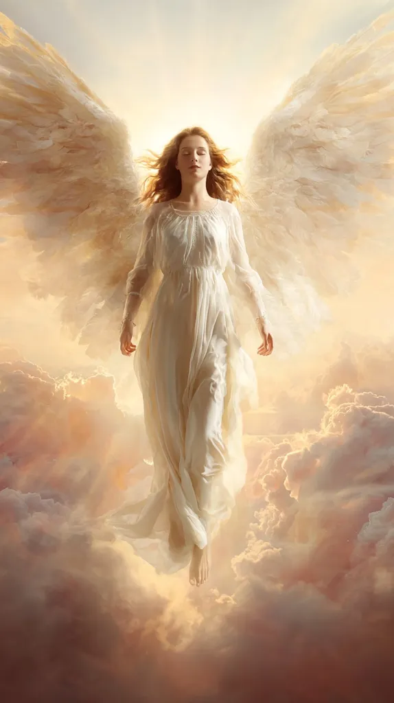 A serene angel with large, feathery wings floats amidst a breathtaking sunset sky.  Clad in a flowing white gown, she appears peaceful and ethereal, her eyes closed in tranquility.  The soft, golden light bathes the scene, creating a heavenly and otherworldly atmosphere. The clouds below are voluminous and textured, adding depth to the celestial setting.