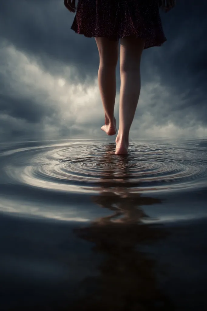 A woman in a dark dress walks barefoot across a calm body of water under a stormy sky.  Ripples spread from her feet as she walks, her reflection distorted in the dark water. The scene is atmospheric and evokes a sense of mystery and introspection.  The contrast between the dark sky and the still water emphasizes her solitary journey.