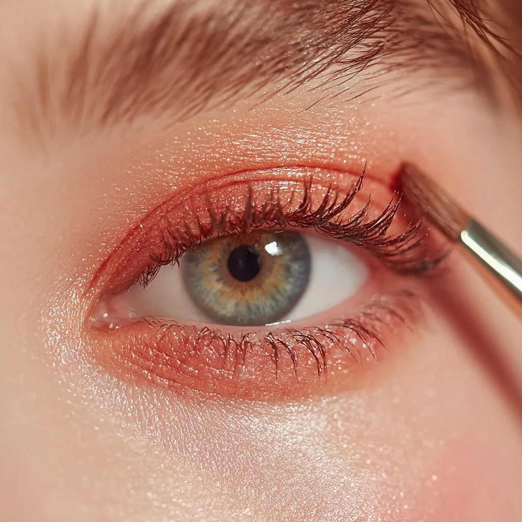 A close-up shot shows a makeup artist applying a shimmery, peachy-toned eyeshadow to a person's eyelid.  The eye is light-colored with long, dark lashes. The focus is sharp on the eye and the makeup brush, highlighting the application process and the subtle, sparkling texture of the eyeshadow.  The skin appears smooth and luminous.
