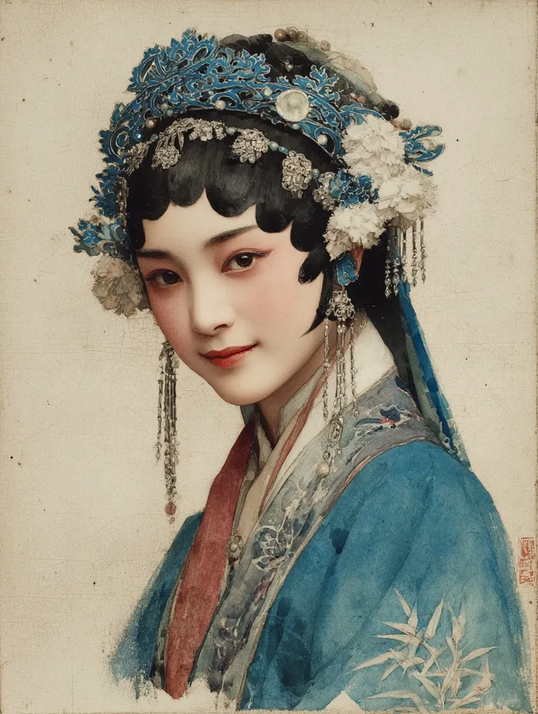 A watercolor portrait depicts a young woman in traditional Chinese attire.  She wears an elaborate headdress adorned with blue and white flowers and silver accents, and a teal-blue robe with intricate silver and rust-colored embroidery. Her expression is serene and her makeup delicate, creating a refined and elegant aesthetic. The style suggests a portrayal of a character from Peking opera or a similar art form.  The background is a muted beige, drawing focus to the vibrant figure.