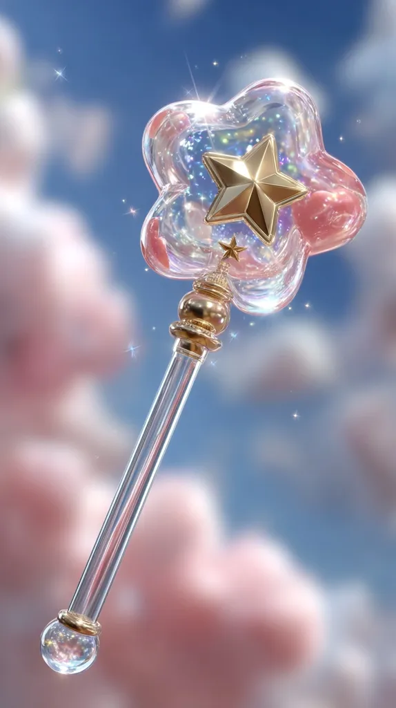 A whimsical, translucent wand floats against a pastel sky.  Its cloudy, flower-shaped head encloses a gold star, and a smaller star adorns the golden handle.  The long, clear shaft culminates in a small, clear orb.  The overall effect is dreamy and ethereal, suggesting magic and fantasy.  Sparkling particles add to the enchanting quality.