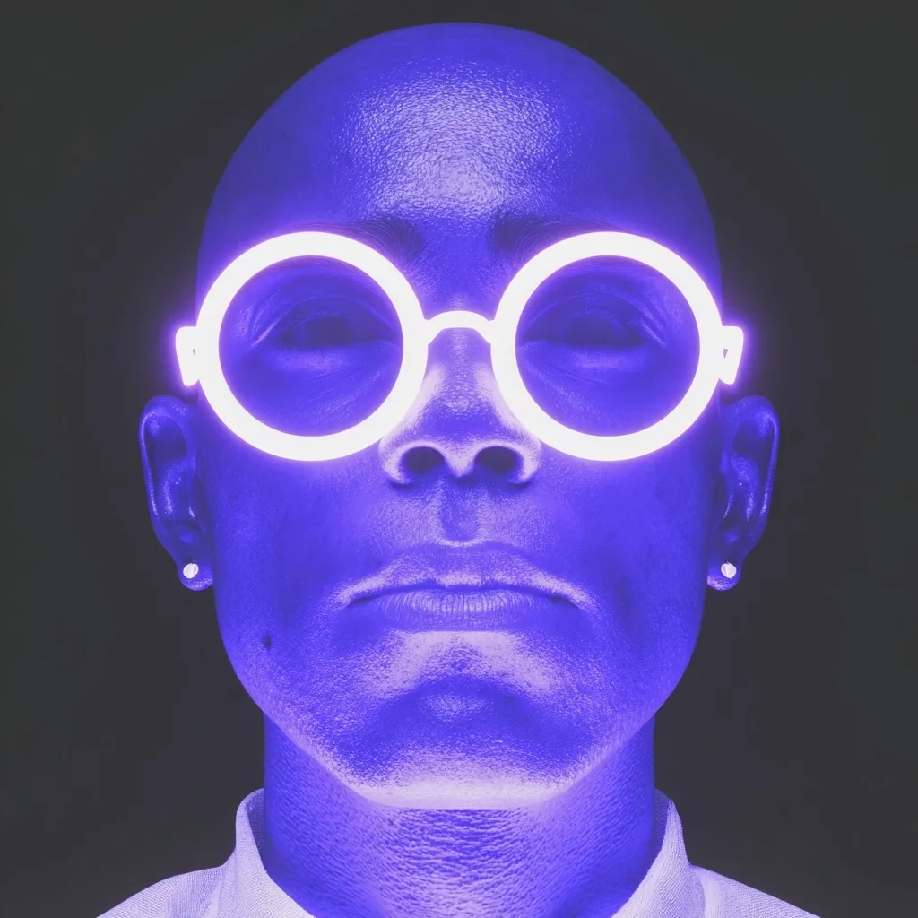Close-up portrait of a bald, blue-hued man wearing large, round, white-rimmed glasses.  The lighting is dramatic, casting a vibrant purple glow on his skin and highlighting the glasses' bright frames.  He has a serious expression and small earrings. The overall aesthetic is futuristic and stylized.