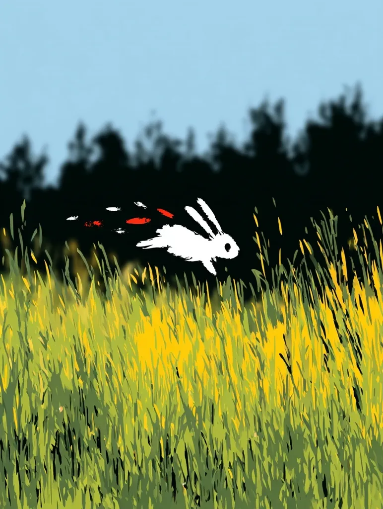 A stylized white rabbit sprints across a field of tall, vibrant green and yellow grass under a clear blue sky.  A red and black streak behind the rabbit suggests motion and speed. The background features a dark, blurred forest. The image is artistic and evocative, possibly symbolizing freedom or escape.