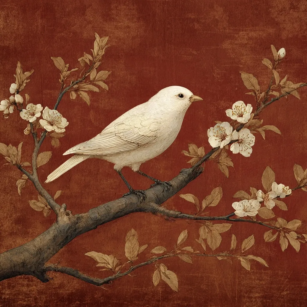A pristine white bird rests on a branch adorned with delicate, blossoming flowers against a rich, reddish-brown background. The artwork employs a muted color palette and detailed rendering, suggesting a vintage or antique aesthetic. The bird's plumage is meticulously depicted, and the flowers add a touch of springtime elegance. The overall effect is one of serene beauty and quiet contemplation.