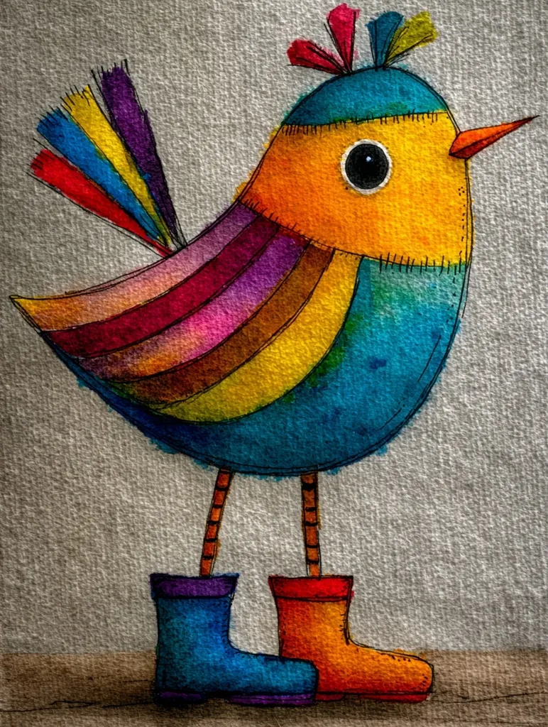 A whimsical illustration of a colorful bird.  Its body is a vibrant mix of blues, oranges, and reds, striped like a rainbow.  The bird sports a quirky crest and wears mismatched rain boots—one blue, one orange—adding to its playful charm. The textured background enhances the artistic feel. The style is reminiscent of children's book illustrations.