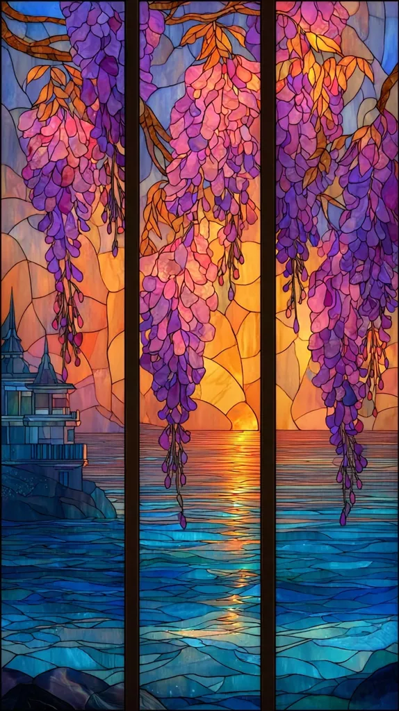 A stunning triptych stained-glass window depicts a tranquil seascape at sunset.  Vibrant purple wisteria blossoms cascade from branches in the foreground, framing the scene.  A small, charming building sits perched on a rocky outcrop overlooking the calm, sunlit water. The artist's masterful use of color and light creates a serene and captivating image.