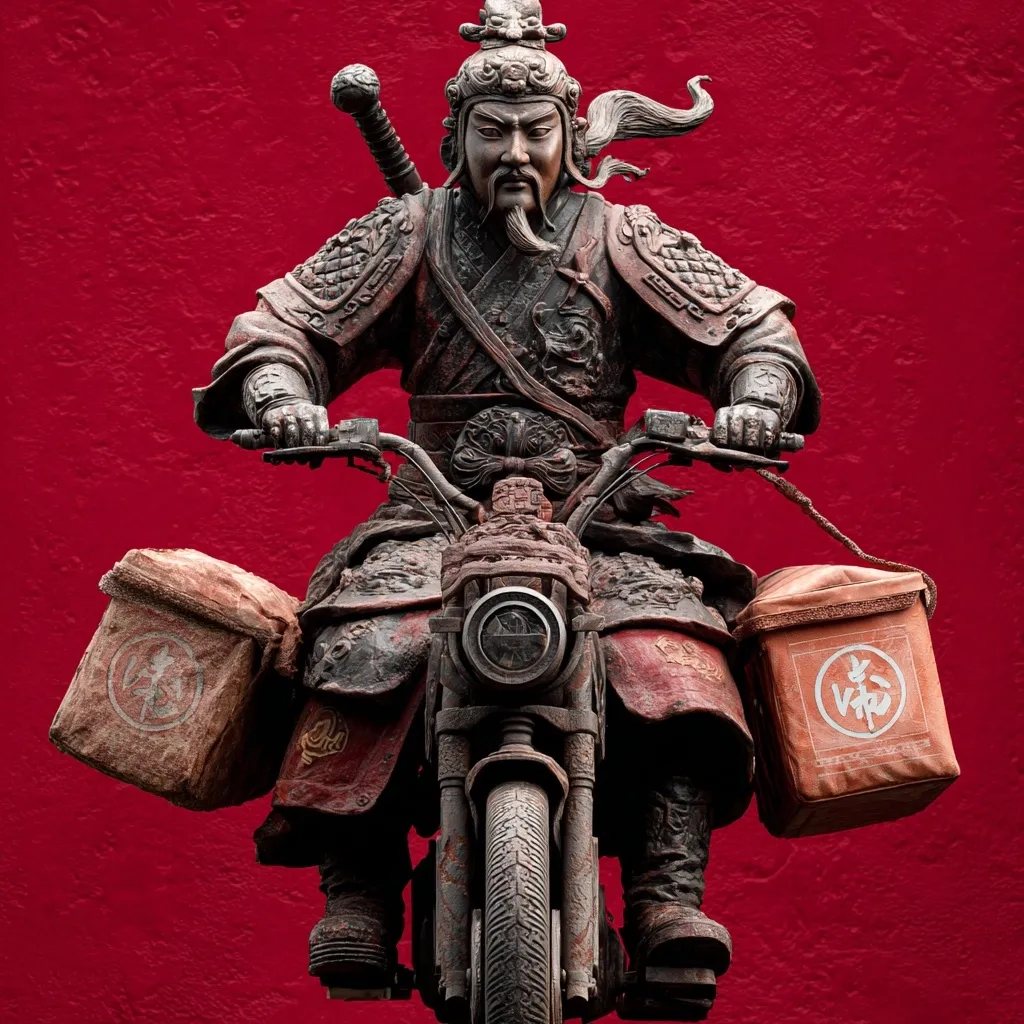 A bronze statue depicts a warrior, adorned in elaborate armor and a headdress, astride a vintage motorcycle.  He grips the handlebars, a sword at his back.  Side bags, bearing Asian script, are attached to the bike.  The statue is set against a deep red background, creating a striking contrast. The image blends historical and modern elements in a unique juxtaposition.