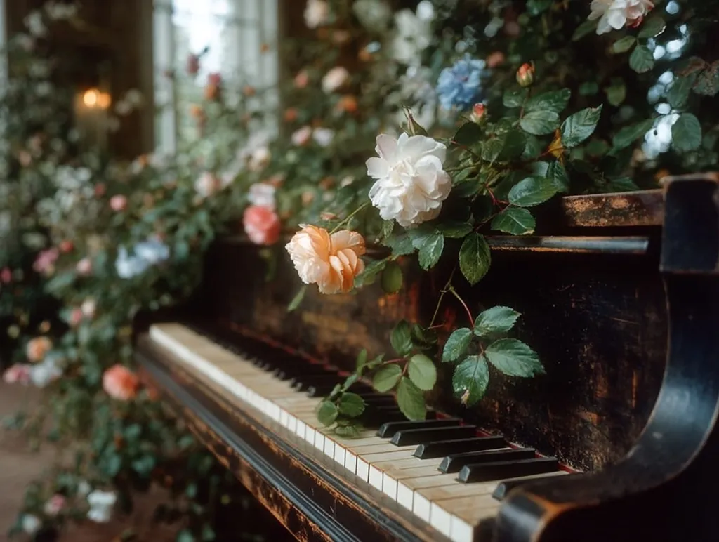 An antique grand piano sits adorned with a lush arrangement of roses and greenery.  Delicate peach, white, and pink blossoms cascade over the dark, polished wood of the instrument, creating a romantic and whimsical scene. The soft light filters through a nearby window, highlighting the beauty of the flowers and the aged elegance of the piano.