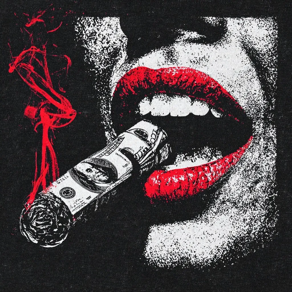 A stylized graphic depicts a woman's mouth with bright red lipstick.  A rolled-up wad of hundred-dollar bills, resembling a cigar, is held between her lips.  Smoke curls from the side, adding a dramatic effect.  The image is rendered in black, white, and red, with a gritty, almost screen-printed texture. The overall style is bold and provocative.