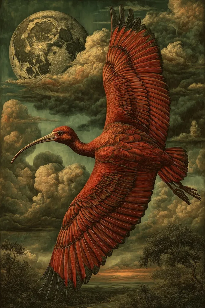 A scarlet ibis in flight dominates this richly detailed artwork.  Its wings are outstretched against a dramatic backdrop of stormy clouds and a large, textured moon. The bird's vibrant plumage contrasts with the moody, atmospheric sky.  A landscape of dark trees and a distant, sunlit horizon completes the scene, creating a sense of both power and tranquility.