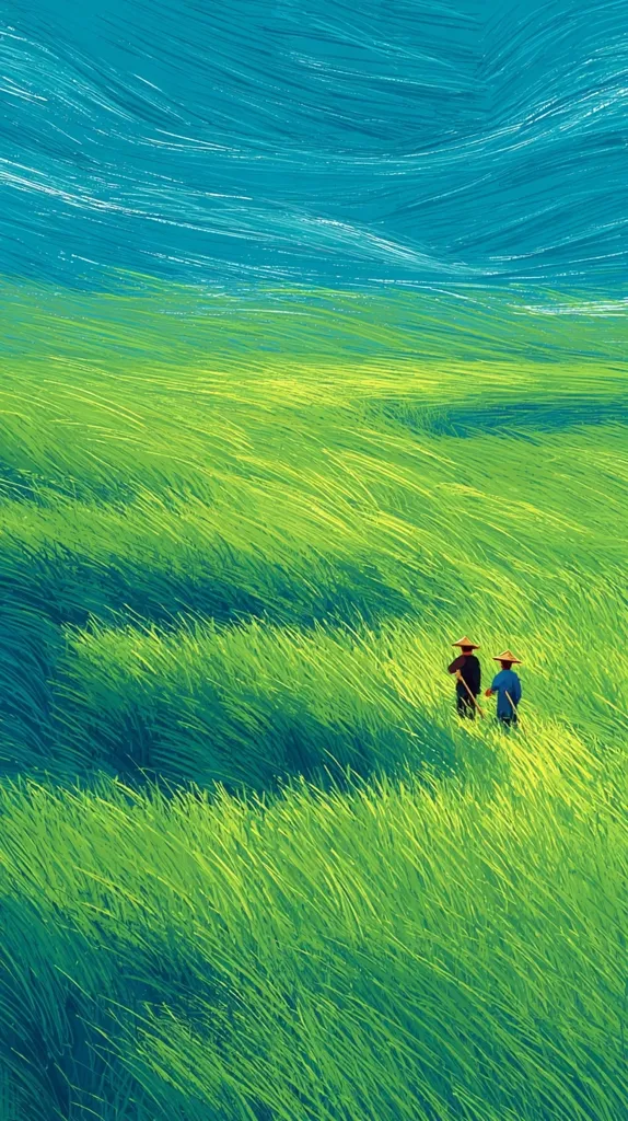Two figures, wearing straw hats and dark clothing, walk through a vibrant green field of tall grass that gently sways. The sky above is a striking teal, painted with strokes that mimic windswept clouds.  The overall style evokes a sense of peaceful rural life, with the contrasting colors enhancing the scene's tranquility. The impasto-like texture adds depth and movement to the image.