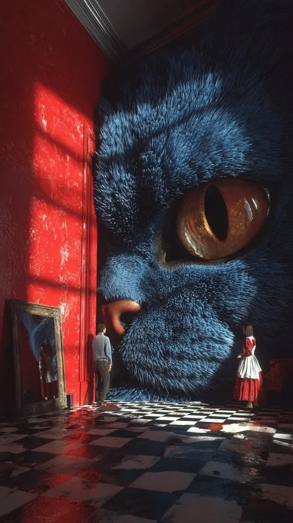 A surreal digital artwork depicts a colossal blue cat's face dominating a red room.  A man and a woman in period attire stand dwarfed by the immense feline visage, its large eye and fur filling the wall. The checkered floor reflects the red light, adding to the unsettling yet captivating scene. The overall atmosphere is dreamlike and slightly ominous.