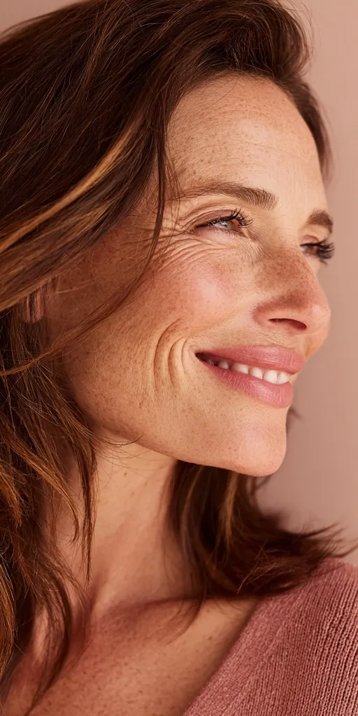 A middle-aged woman with shoulder-length brown hair smiles gently, her face showing the natural beauty of aging.  Freckles and fine lines are visible, adding character to her warm expression. She wears a soft, dusty rose-colored sweater. The image is softly lit, creating a calm and serene atmosphere.
