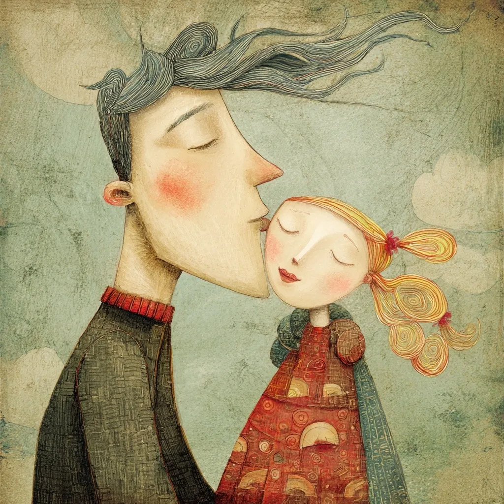 A stylized illustration depicts a tender moment between a father and daughter. The father, with windblown hair, leans down to gently kiss his daughter's cheek. She wears a patterned red dress, her eyes closed in peaceful contentment. The artwork's textured style and muted color palette evoke a sense of warmth and affection, capturing a quiet, intimate scene.  The background suggests a breezy outdoor setting.