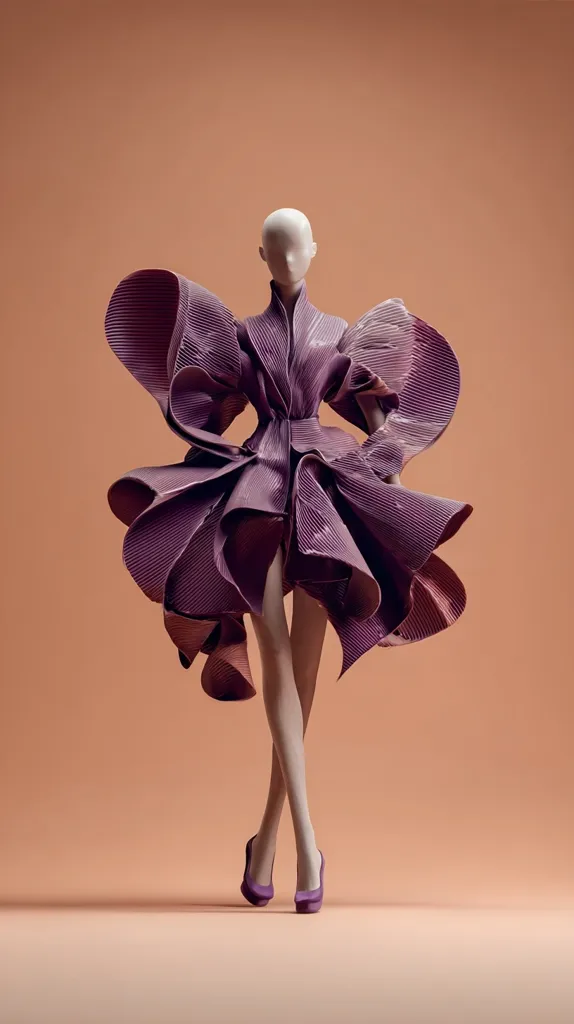 A mannequin displays a striking mauve pleated dress. The dress's voluminous, sculpted design features dramatic, asymmetrical ruffles and folds, creating a visually arresting silhouette. The mannequin's legs are slender, and it wears matching mauve high-heeled shoes. The overall effect is one of modern elegance and artistic expression. The background is a muted, warm peach tone.