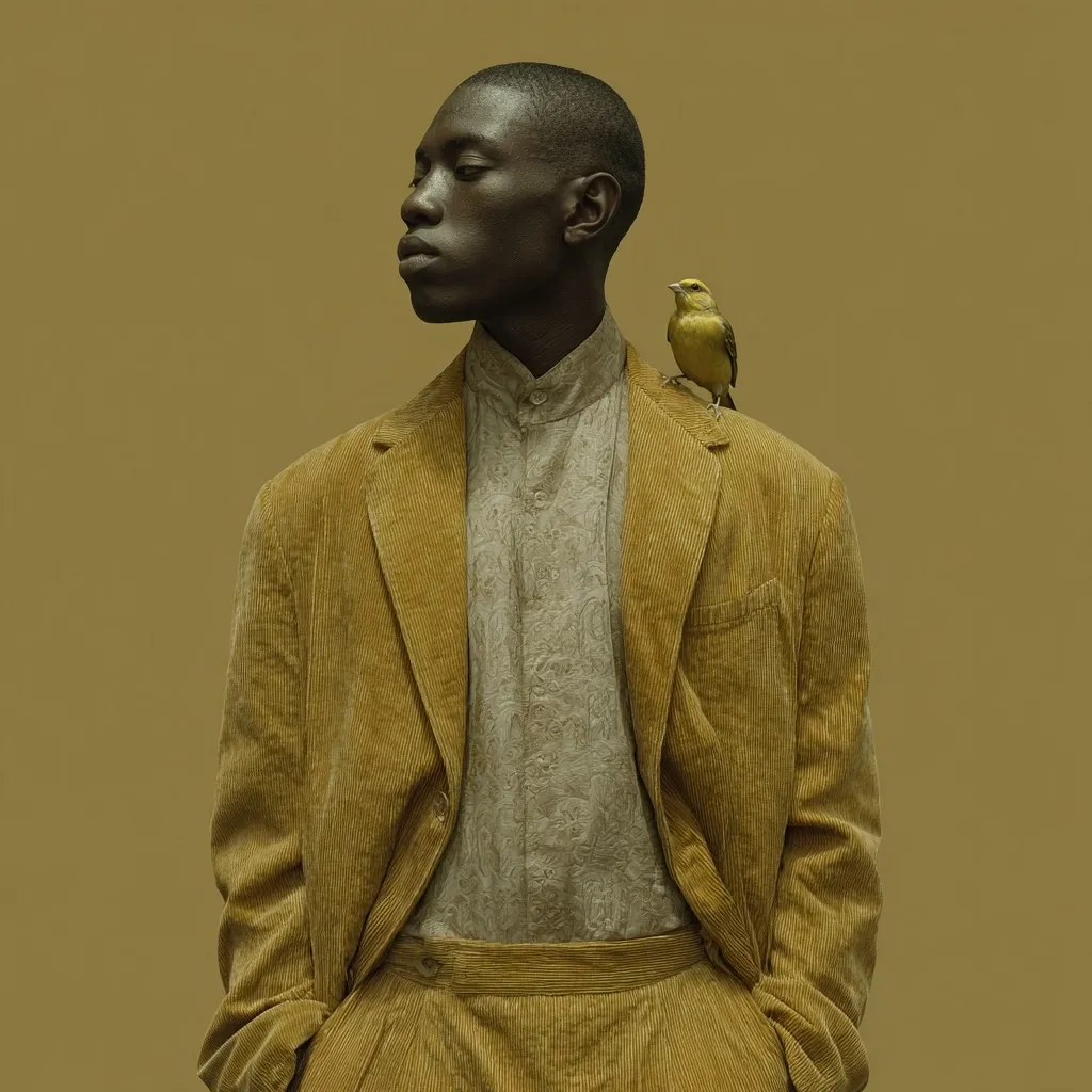 A portrait of a dark-skinned man in a mustard-yellow corduroy suit. He stands against a muted olive-green background, his gaze directed away from the viewer. A small yellow bird perches on his shoulder. The monochromatic color palette emphasizes the textures of the fabric and the man's skin. The overall mood is serene and contemplative.
