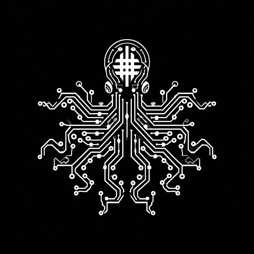 A stylized octopus is depicted, its body formed by intricate circuit board pathways.  The head features a central grid pattern, resembling a microchip, and is adorned with headphone-like elements on either side. The design is monochromatic, white against a black background, creating a striking visual of technology and nature combined.  The overall effect is both symmetrical and complex.