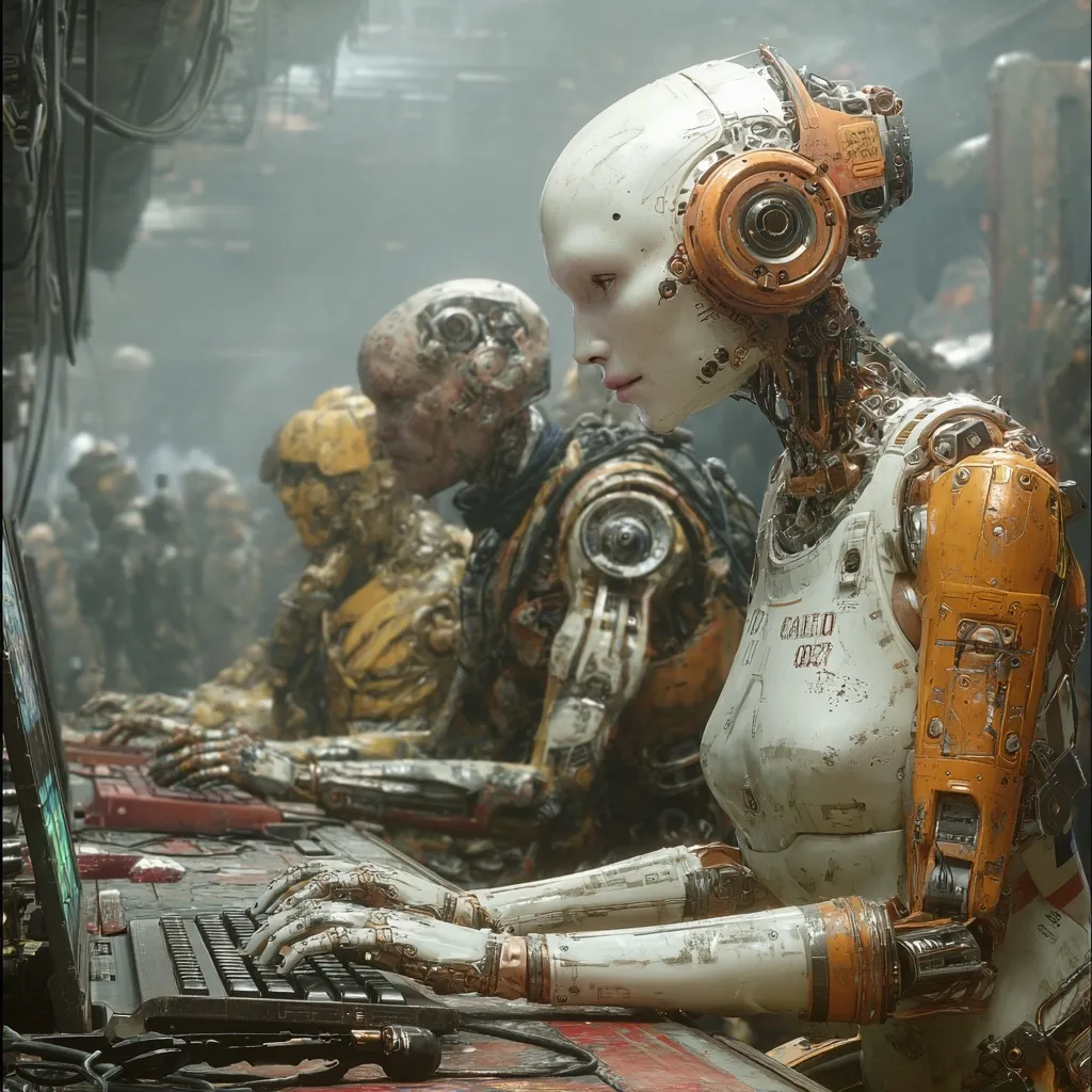 A striking digital artwork depicts a row of intricately detailed robots, each with weathered, metallic bodies and orange accents, diligently working at computer terminals.  The focus is on a female robot in the foreground, her expression serene as she types.  The background is blurred, hinting at a bustling, industrial setting. The overall mood is one of futuristic technological proficiency, bordering on a post-apocalyptic aesthetic.