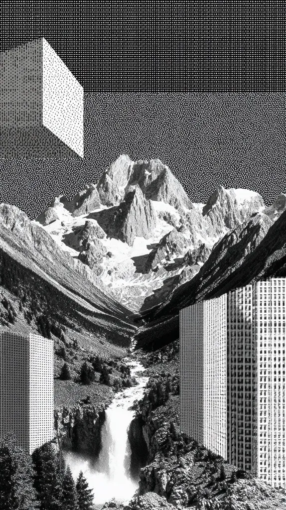 A surreal black and white image juxtaposes a majestic snow-capped mountain range with imposing, pixelated skyscraper structures.  A waterfall cascades down a rocky valley, contrasting the stark architectural elements.  The stylistic choices create a dreamlike, almost discordant, visual narrative, blending natural and man-made landscapes in an unconventional manner.  The textured background adds to the image's unique aesthetic.