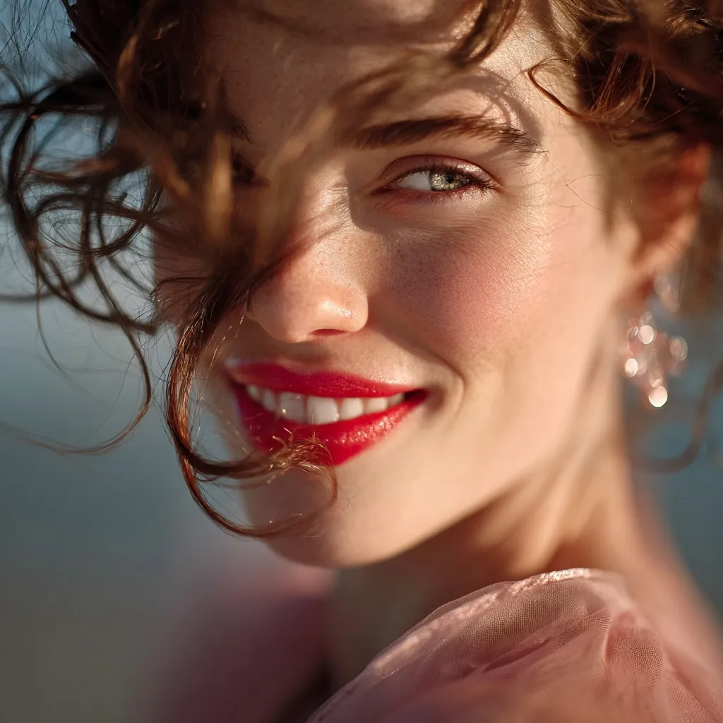 Close-up portrait of a woman with curly brown hair partially covering her face. She's wearing a sheer pink garment and has bright red lipstick.  Sunlight illuminates her face, highlighting freckles and creating soft shadows. Her expression is subtly smiling, conveying a sense of warmth and natural beauty.  She wears delicate earrings.