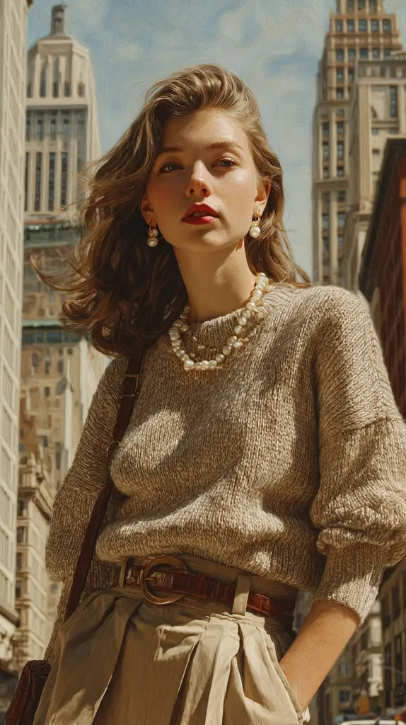 A young woman with shoulder-length wavy brown hair stands on a city street.  She wears a light beige knit sweater, a matching high-waisted pleated skirt, and a brown leather belt.  Pearl earrings and a double-strand pearl necklace complement her outfit.  Tall buildings form a backdrop, suggesting an urban setting. The overall style is classic and elegant, with a slightly retro feel.
