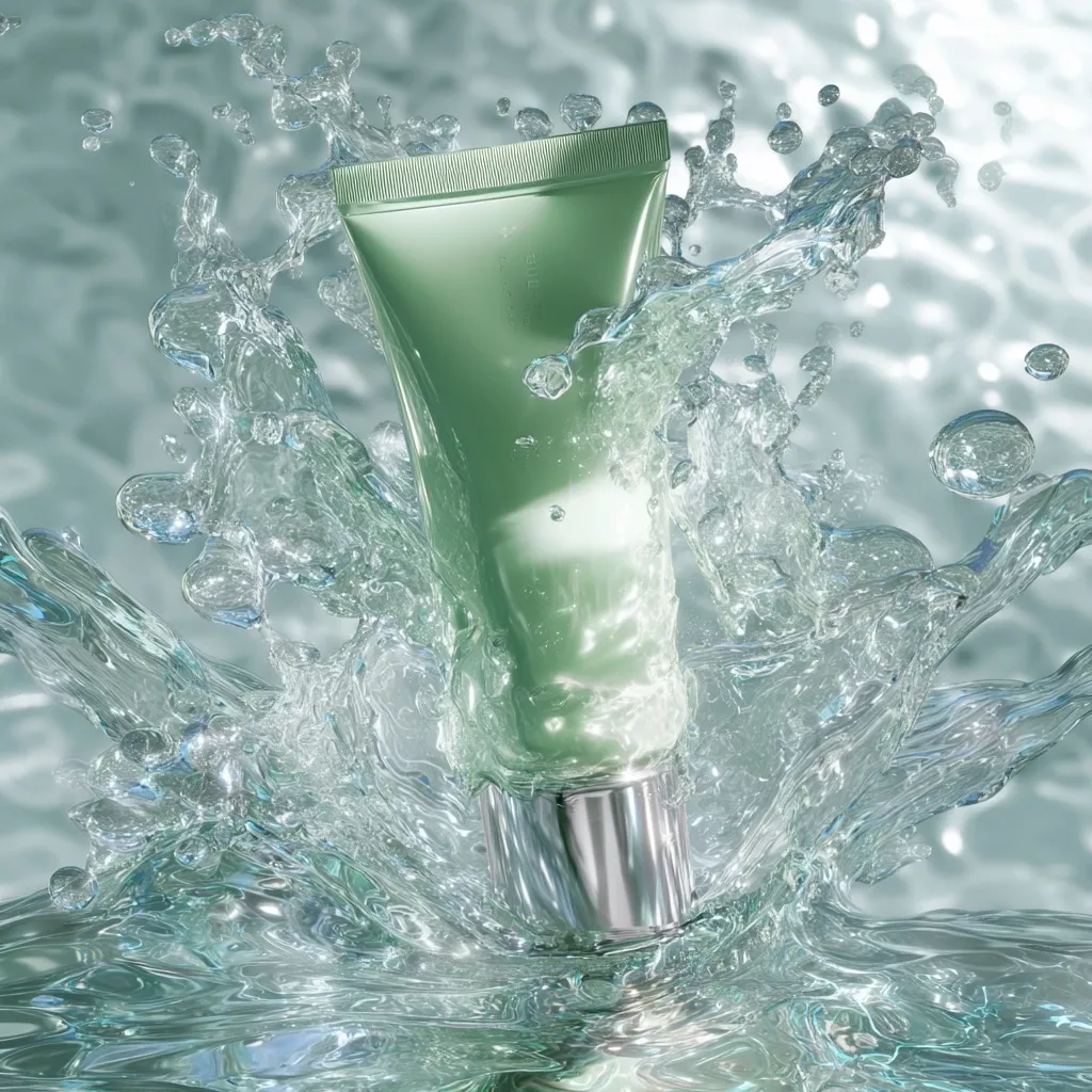 A seafoam green tube of moisturizer is submerged in a splash of clear water. The water creates a dramatic crown effect around the tube, highlighting its sleek, metallic silver cap.  The background is a blurred, light teal, creating a clean and refreshing aesthetic, emphasizing the product's moisturizing qualities.  The image suggests hydration and skincare.
