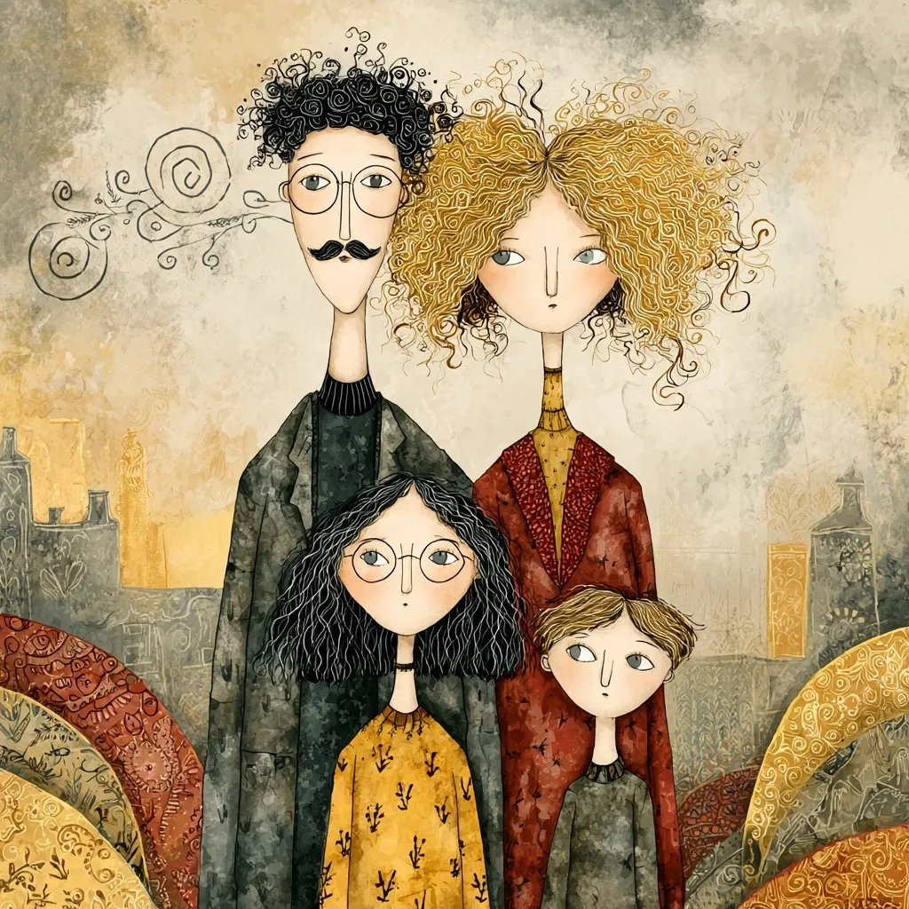 A stylized family portrait features a tall, mustachioed father with curly hair, a mother with blonde curls, a daughter with dark curls wearing glasses, and a young son.  They are depicted in muted earth tones against a background suggesting a city skyline and textured patterns.  The artistic style is whimsical and slightly surreal, with elongated features and expressive eyes.