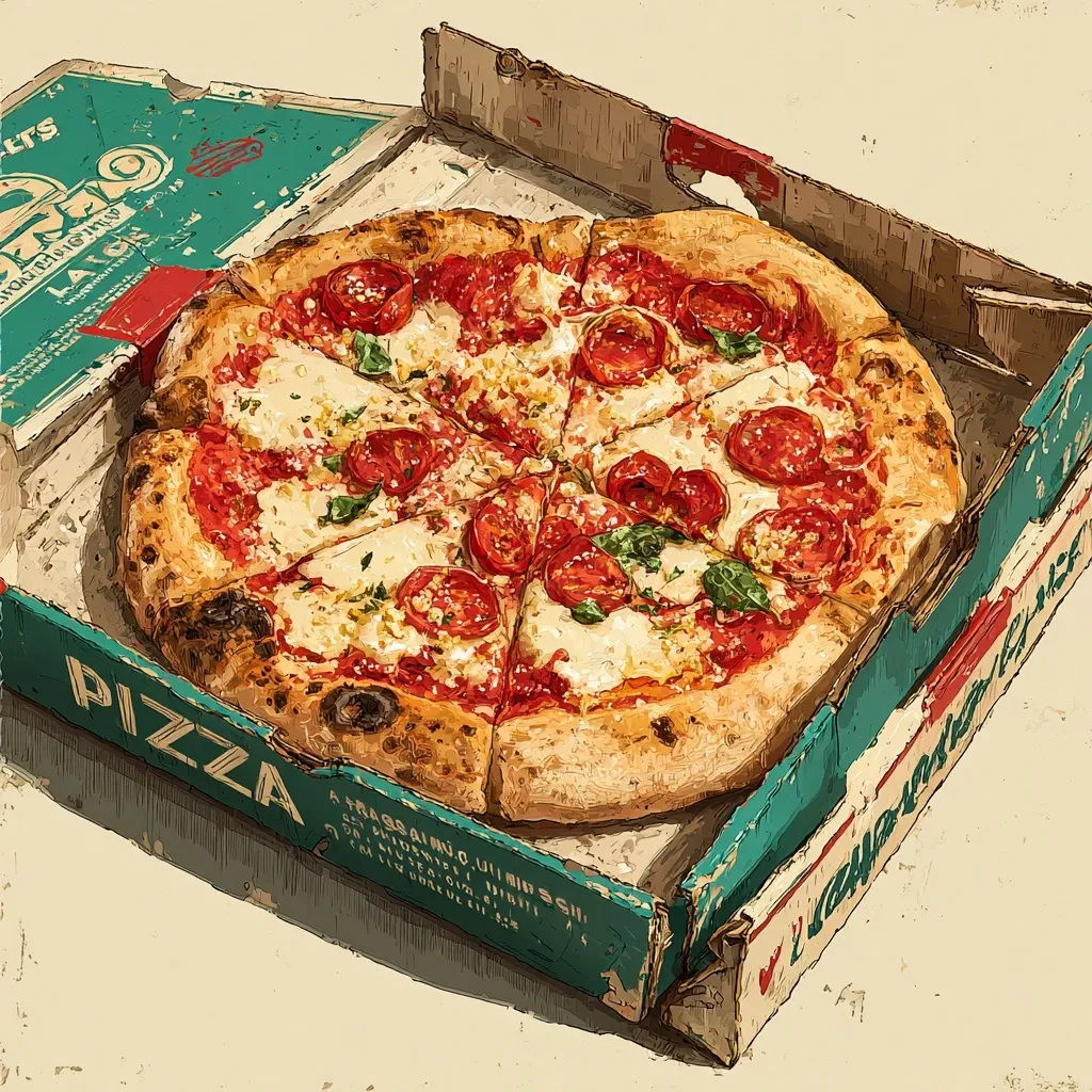 A delicious-looking pizza, sliced into eight pieces, sits inside a slightly worn, teal-colored pizza box.  The pizza boasts a thin, rustic crust with a generous topping of melted mozzarella cheese, vibrant red cherry tomatoes, and fresh basil leaves. The image is rendered in a painterly style, giving it a warm, inviting feel.  The box shows signs of wear, adding to the overall vintage aesthetic.