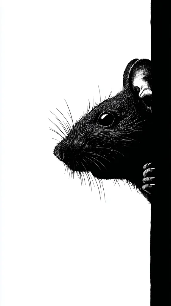 A black and white illustration features a rat peeking from behind a dark, vertical surface.  The rat's profile is prominently displayed, its whiskers and fur meticulously detailed in a stark contrast against the white background. The image is rendered in a style reminiscent of a woodblock print or etching, creating a dramatic and slightly ominous mood. The rat appears alert and observant.