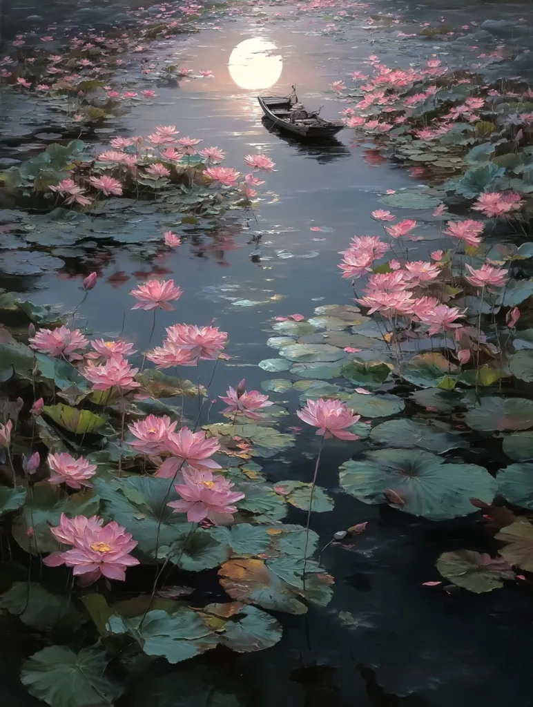 A serene painting depicts a tranquil pond at twilight.  Pink lotus blossoms dot the water's surface, their delicate petals reflecting the soft moonlight.  A small boat glides silently across the still water, adding a sense of peace and solitude to the scene.  The overall mood is one of calm and ethereal beauty, capturing the tranquility of nature.