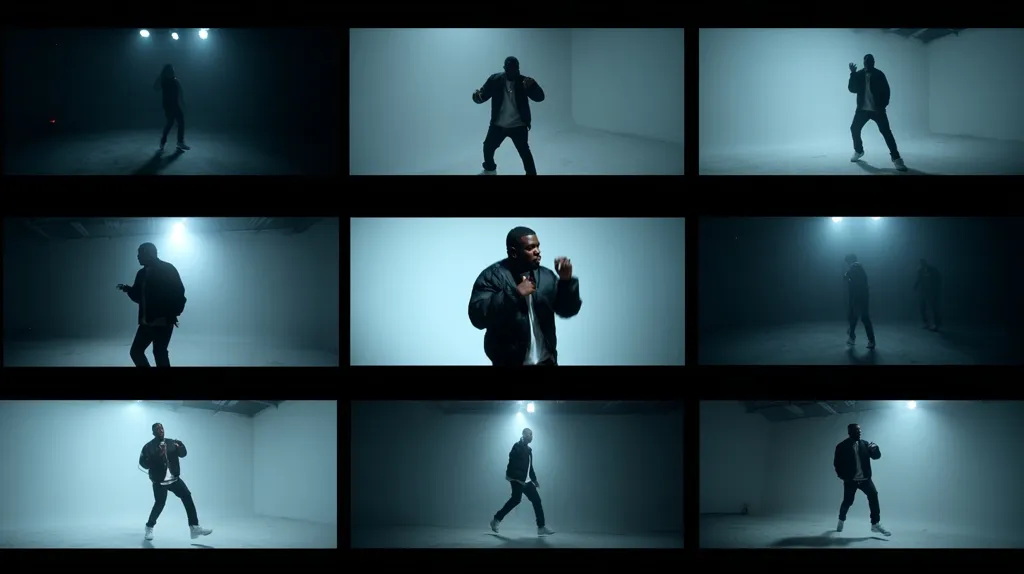 A montage of a man rapping and dancing in a dimly lit studio.  He wears a dark jacket and pants, moving with a blend of sharp and fluid motions.  The scenes vary in lighting and camera angles, creating a dynamic visual. The background is minimalist, emphasizing the performer.  The overall tone is moody and atmospheric.