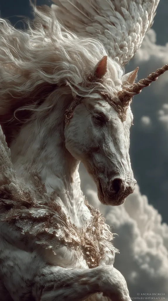 A majestic white unicorn, adorned with ornate gold accents, takes center stage.  Its flowing mane and tail whip in the wind, while large, feathery wings partially unfold.  The creature is captured in a dynamic pose against a backdrop of dramatic, swirling clouds, creating a powerful and ethereal image.  The detailed rendering emphasizes the unicorn's graceful power and mythical presence.