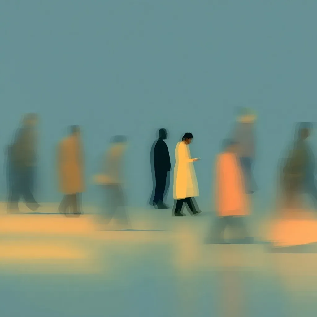 A person in a light-colored coat stands out amidst a blurred crowd of pedestrians.  The background is a muted teal, enhancing the focus on the central figure who seems absorbed in something held in their hands.  The motion blur of the surrounding people suggests movement and a bustling atmosphere. The overall effect is one of isolation within a busy environment.
