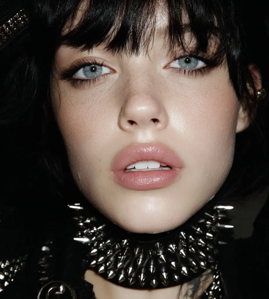 Close-up portrait of a young woman with dark, straight hair styled with bangs.  She has light skin, blue eyes, and a soft, natural makeup look.  Her expression is serene.  She wears a studded black choker, adding a touch of edgy contrast to her delicate features. The overall aesthetic is a blend of soft beauty and subtle rebellion.