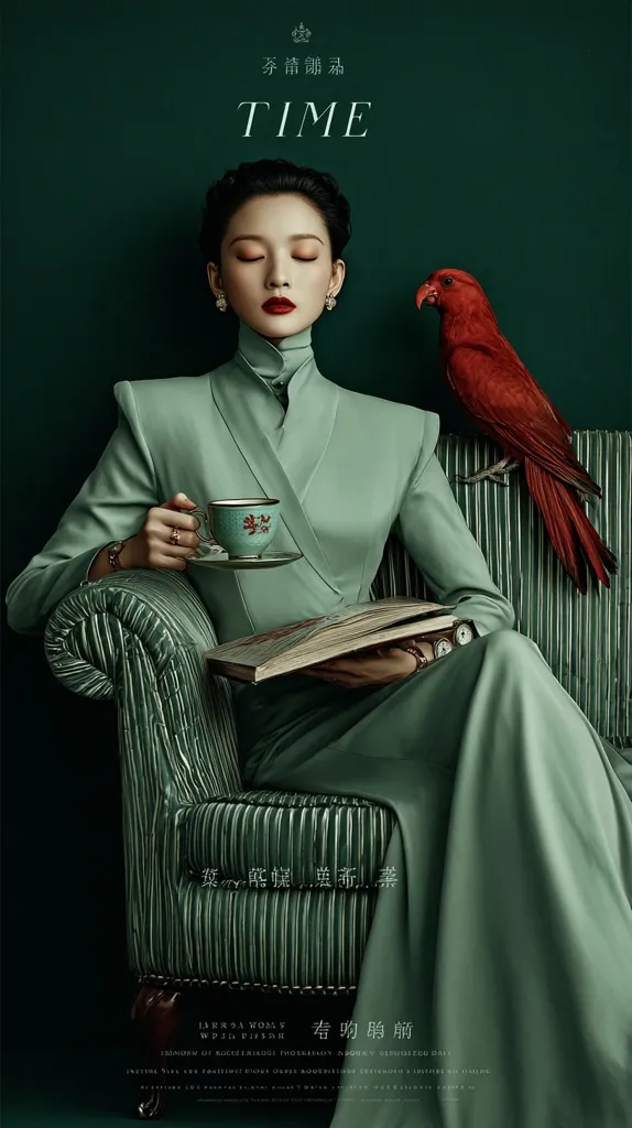 A woman in a sage green suit sits elegantly on a plush, ribbed chair.  She holds a delicate teacup and a book, exuding sophistication. A vibrant red parrot perches behind her, adding a touch of unexpected color to the muted green palette. The overall mood is serene and luxurious, suggestive of a high-fashion campaign or artistic portrait.  The title "TIME" is prominently displayed, hinting at a thematic concept.
