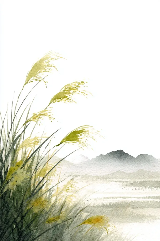 A watercolor painting depicts a serene landscape.  Delicate, pale-yellow grasses sway in the foreground, their slender blades contrasting against a muted background.  Distant, hazy mountains rise in the middle ground, suggesting a peaceful, tranquil atmosphere.  The overall style is minimalist, emphasizing soft colors and gentle lines.