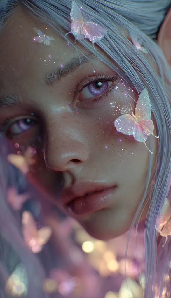 A close-up digital portrait of a young woman with pale skin and long, light purple hair adorned with iridescent butterflies and glitter.  Her eyes are a striking violet, and her expression is serene yet slightly melancholic.  The overall aesthetic is ethereal and dreamy, suggesting a fantasy or magical creature.  Soft lighting and a blurred background enhance the mystical atmosphere.