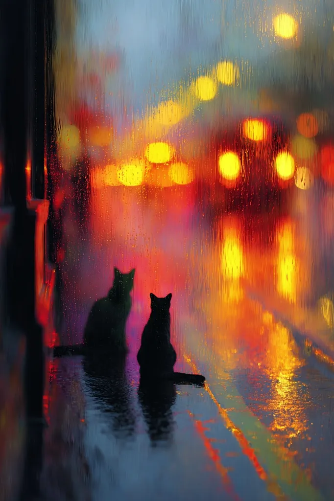 Two black cats sit silhouetted against a rain-streaked window, gazing at a blurred cityscape.  The city lights reflect in vibrant hues of orange and yellow on the wet pavement, creating a dreamy, atmospheric scene.  Rain droplets cling to the glass, adding texture and depth to the image.  The overall mood is melancholic yet captivating.