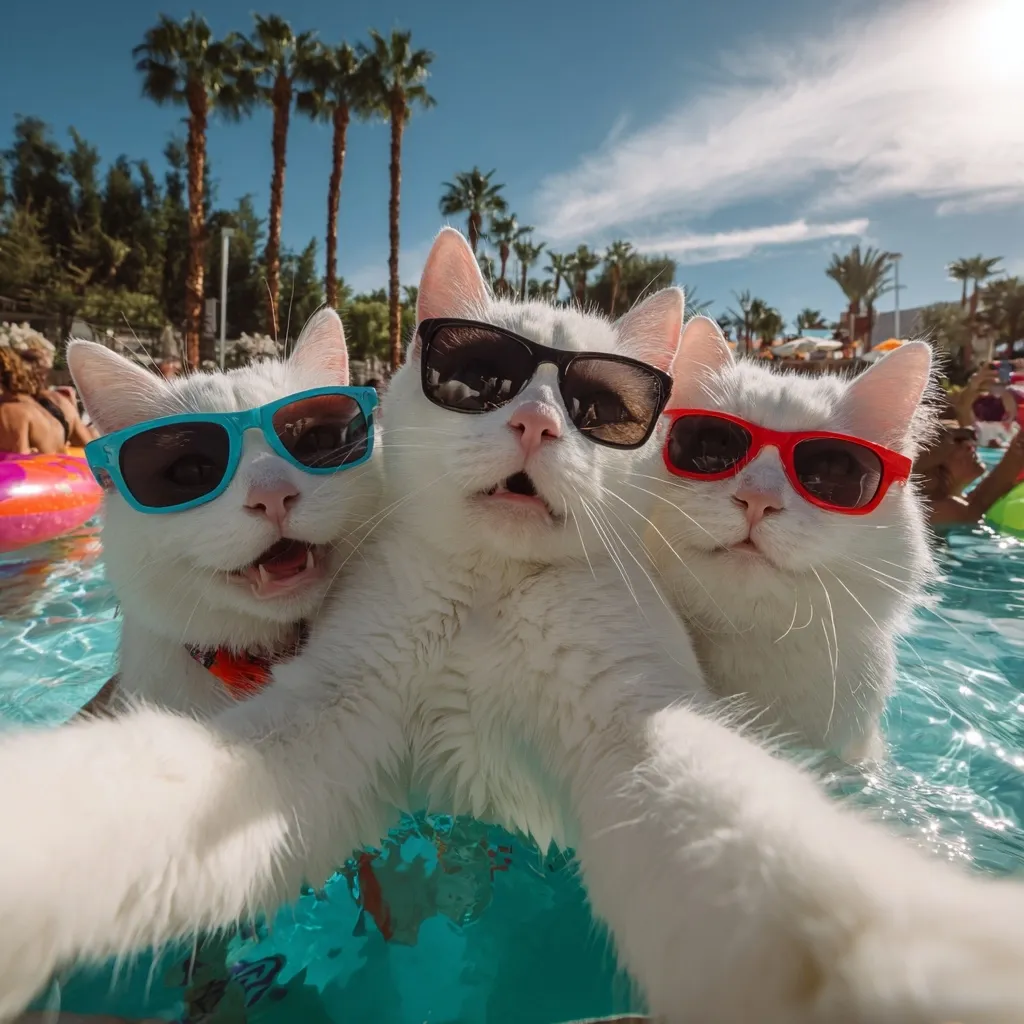 Three white cats, wearing sunglasses in blue, black, and red, are enjoying a pool party. They are taking a selfie, their paws extended towards the camera.  The cats are in a swimming pool surrounded by palm trees and a sunny sky.  The scene is playful and fun, highlighting the cats' cool and relaxed summer vibe.