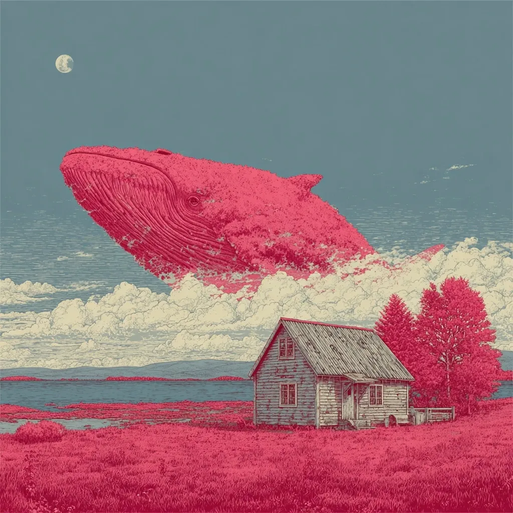 A surreal landscape features a colossal pink whale suspended in the clouds above a solitary, weathered house nestled in a pink field.  The sky is a muted blue-grey, punctuated by a small moon.  The scene evokes a sense of quiet wonder and dreamlike tranquility, contrasting the immense scale of the whale with the miniature house below.  The color palette is predominantly pink and muted blues and greys.