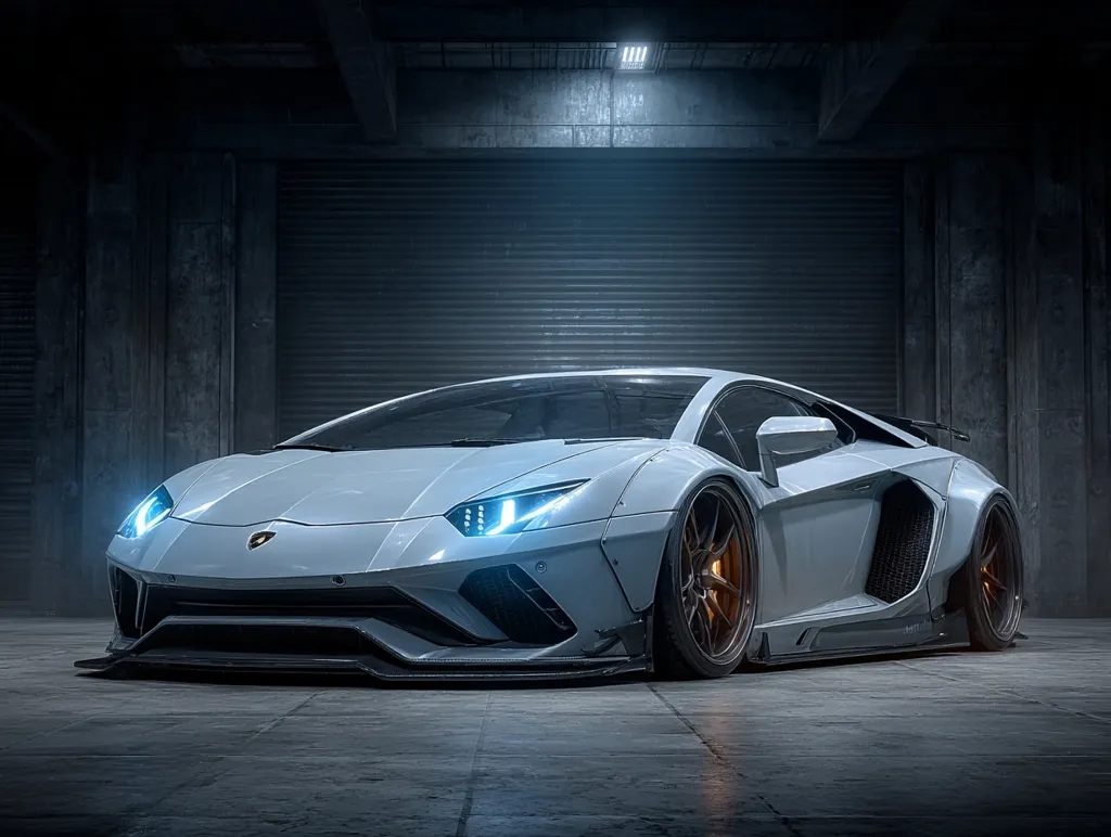 A custom-modified Lamborghini Aventador sits in a dimly lit garage.  The light grey car features aggressive aftermarket bodywork, large bronze wheels, and bright blue headlights. The industrial setting provides a stark contrast to the sleek lines of the supercar, emphasizing its powerful presence.  The image conveys a sense of speed and luxury.